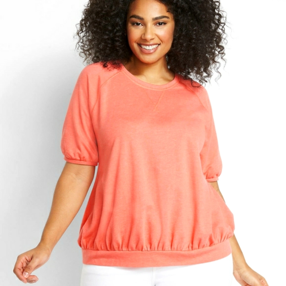 Lane Bryant Coral Puff Sleeve Bubble Hem Top